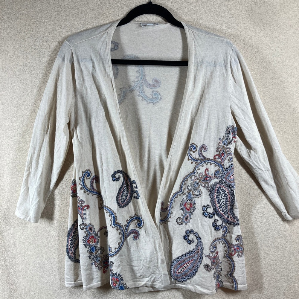 J. Jill Paisley Open Cardigan SP Ivory 3/4 Sleeve Lightweight Casual Neutral - Picture 1 of 7